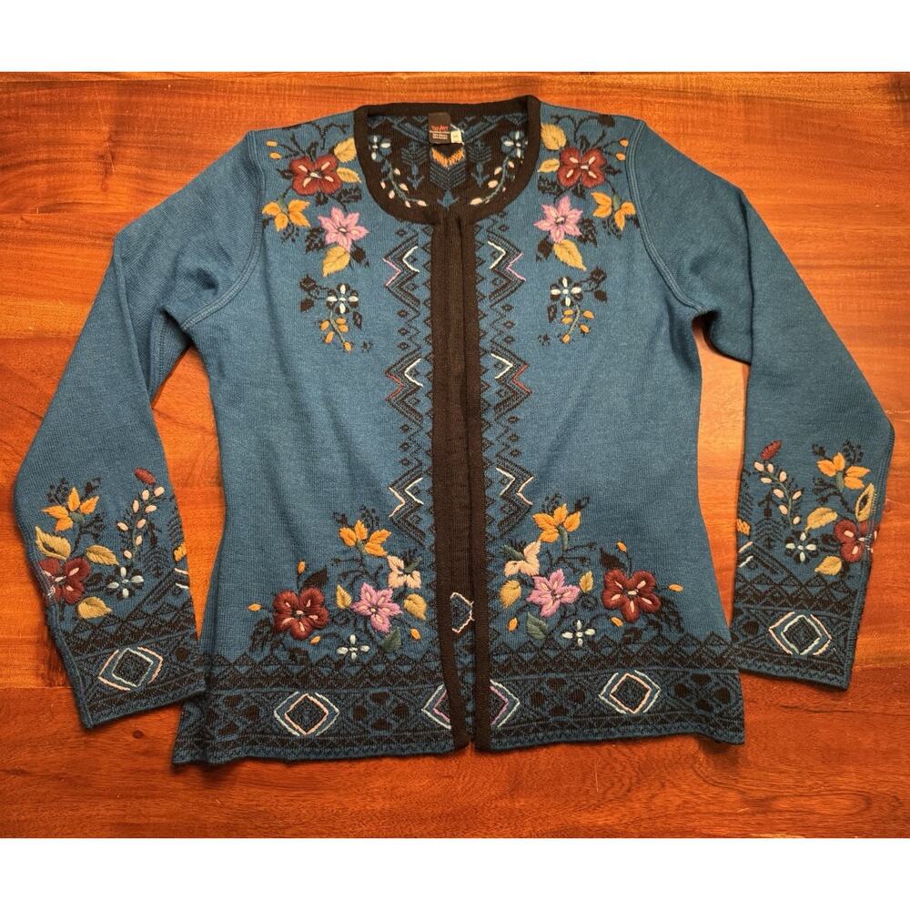 Tey Art Womens Alpaca Handmade Peru Art Boho Floral Embroidered Knit Cardigan S